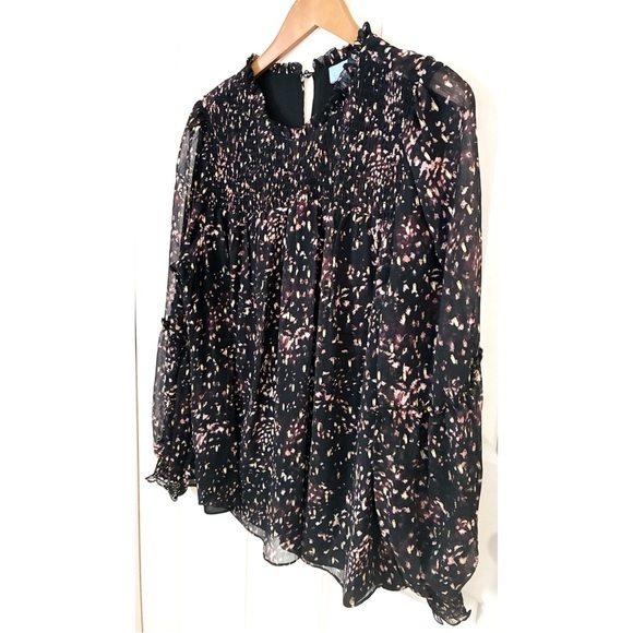 CeCe Black Metallic Gold Smocked Chiffon Dressy Office Blouse Top 1X XL - Picture 2 of 8